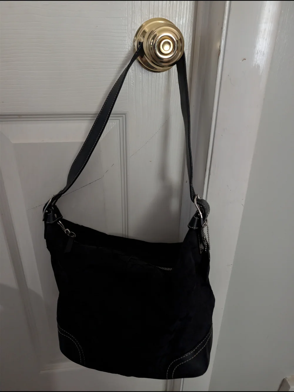 Coach Black Signature Jacquard Shoulder Bag with Leather Trim